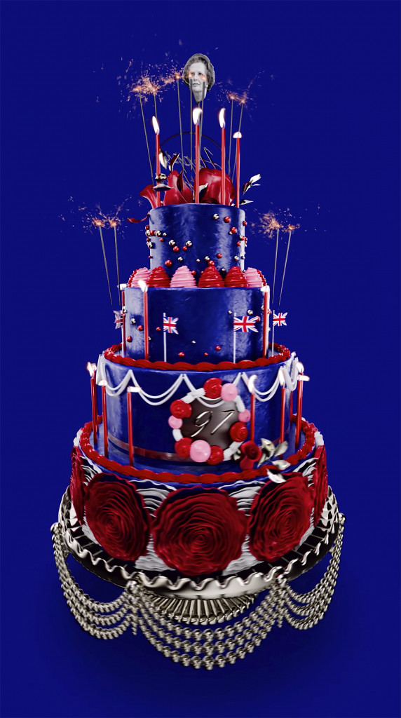 A digital rendering of a four-tiered cake, decorated with roses, British flags, candles, and blue icing