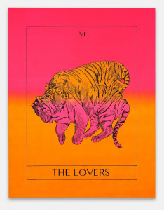 A painting of a tarot card with two embracing tigers, rendered in shades of orange and pink
