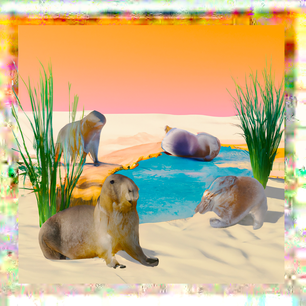 A digital image of capybaras by a pool; it is made with artificial intelligence and the lines and features are blurred