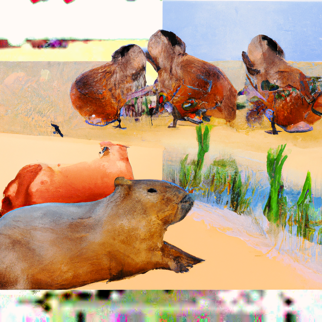 A digital images of capybaras hanging out on a beachlike landscape, with sand-colored ground and sparse grass; the image is made with artificial intelligence and the shapes and features are somewhat blurred