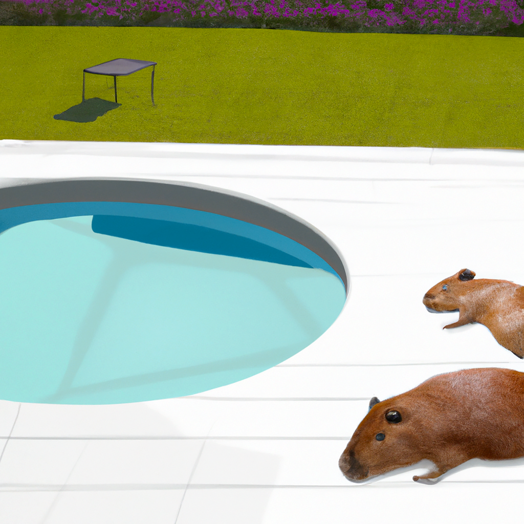 A digital image of capybaras rested on a white deck near a circular pool; it is made with artificial intelligence and the overall image is somewhat wavy