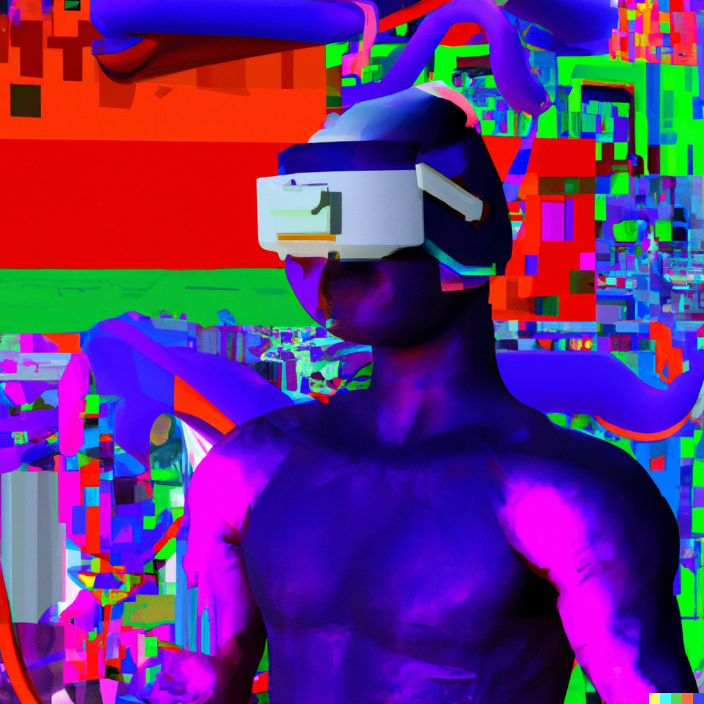A digital image of a muscular, bare-chested man wearing a VR headset; he is blue and purple, against a background dominated by bright reds and greens