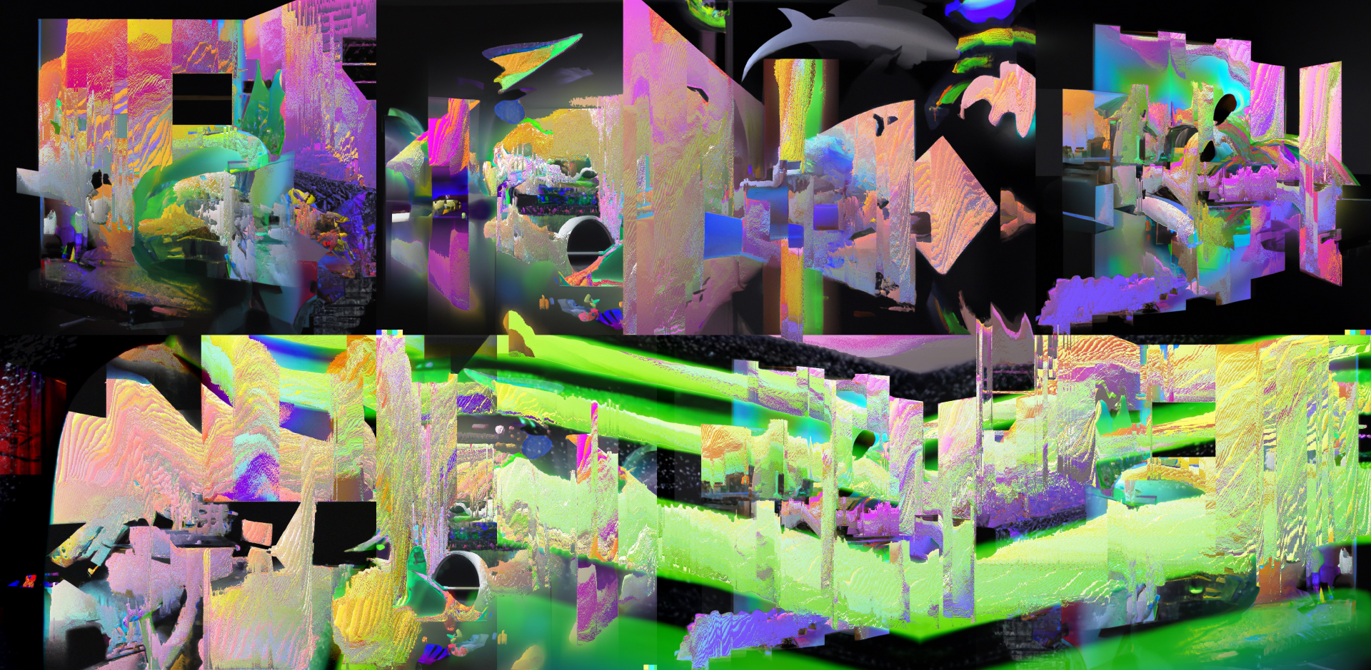 A digital tableau of texture planes and vaguely recognizable images in bright, neon colors against a black background