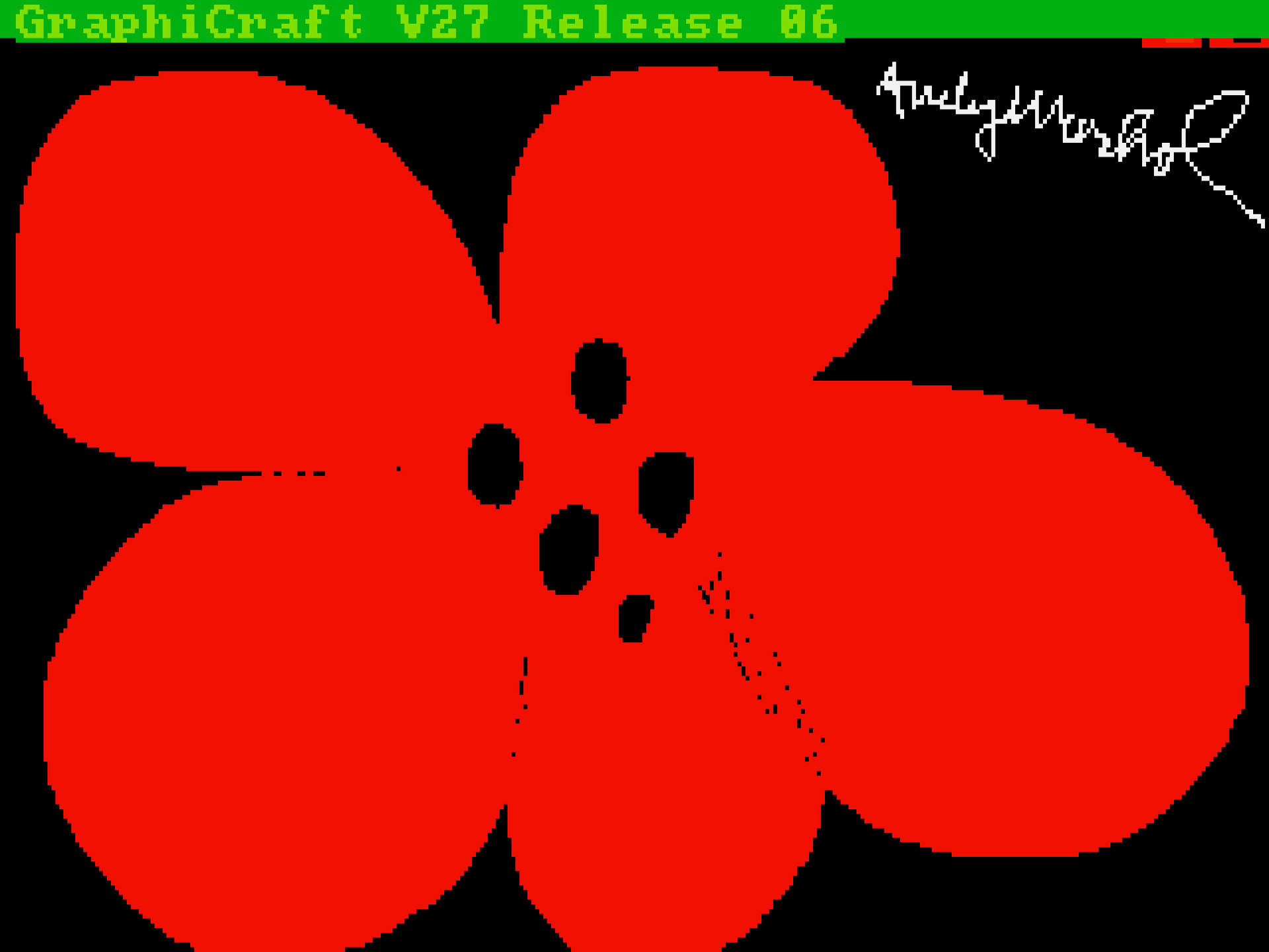 A pixelated drawing of a red flower on a black background, with Andy Warhol's signature digitally scrawled in the upper right corner