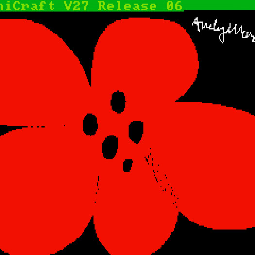 A pixelated drawing of a red flower on a black background, with Andy Warhol's signature digitally scrawled in the upper right corner