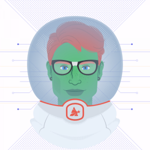 A digital drawing of a bespectacled green-faced person with short orange hair wearing a space helmet
