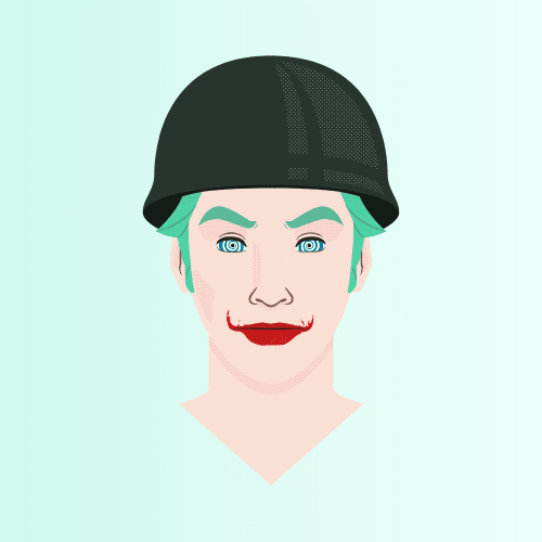 A digital drawing of a pale person with a black helmet, green hair, and a smile exaggerated with makeup