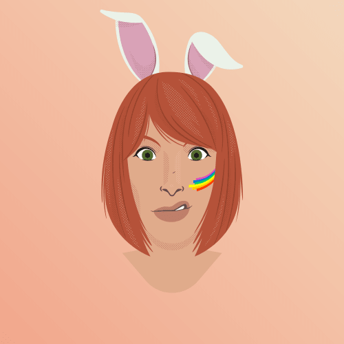 A digital drawing of a woman wearing rabbit ears and a stripe of rainbow makeup on her cheek