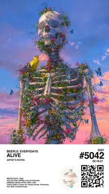 A digital image of a human skeleton with flowers, butterflies, and birds living in its rib cage, set against a blue and pink sky