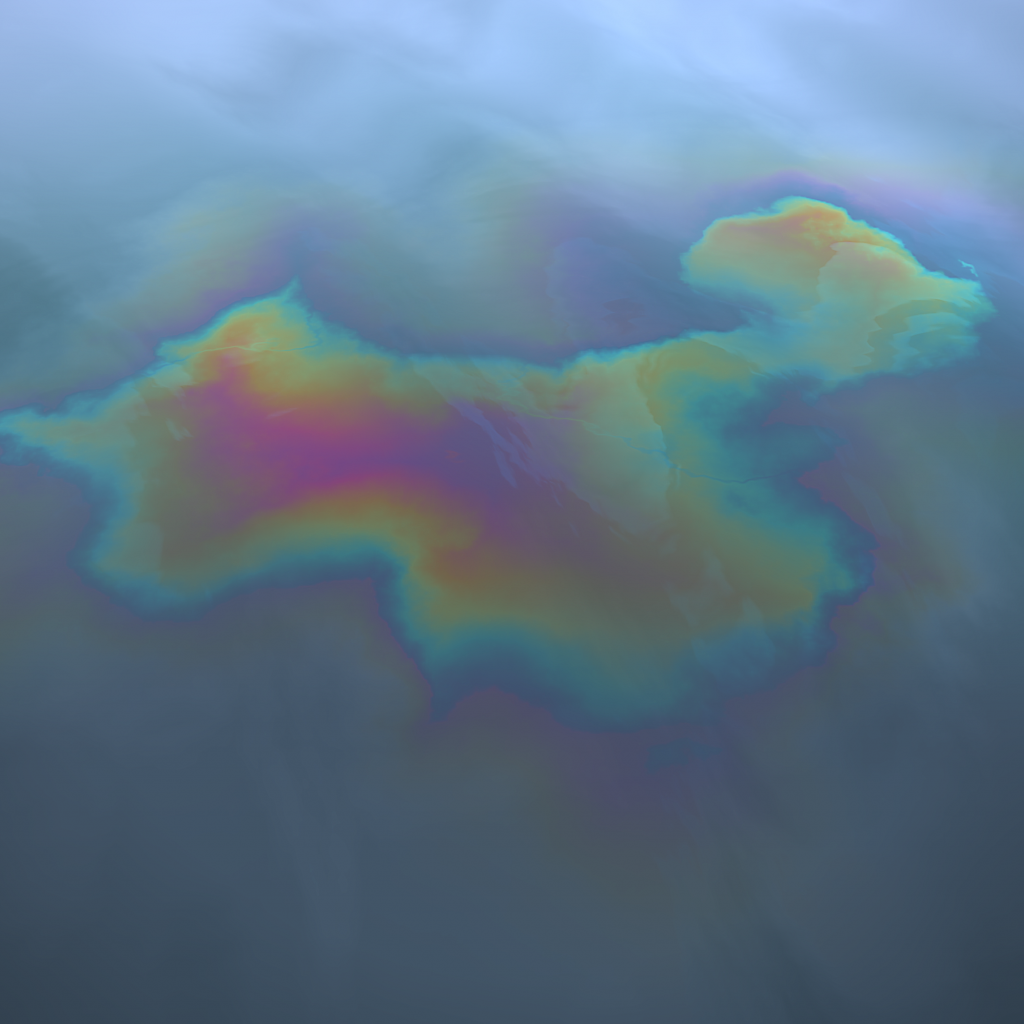 A hazy image of an oil slick on water in the shape of China
