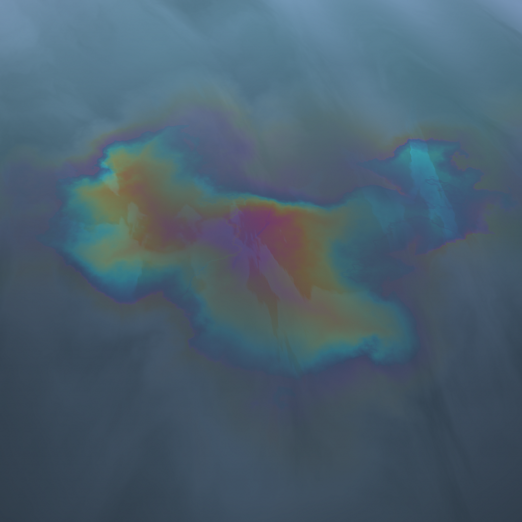 A hazy image of an oil slick on water in the shape of China