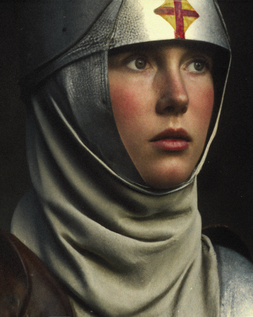 A portrait of a woman with red lips and rosy cheeks, wearing a medieval crusader's helmet