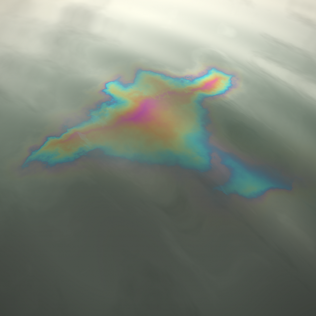 A sunlit image of an oil slick on water in the shape of India