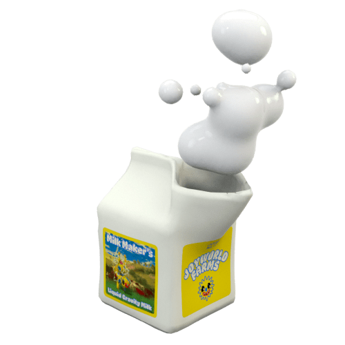 A 3D model of a milk cartoon with milk billowing up from the open mouth in big droplets