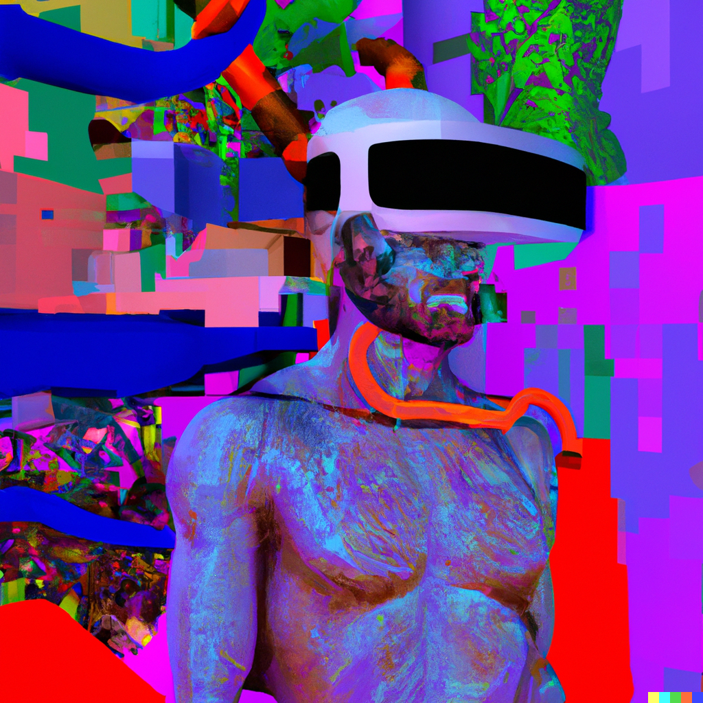 A digital image of a muscular, bare-chested man wearing a VR headset; he is pale blue and pink, against a background dominated by bright shades of purple