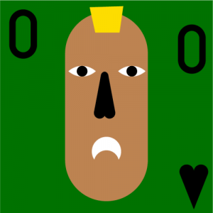 A digital drawing of a stylized brown face frowning against a green background, with two zeroes and a heart drawn in black around the edges