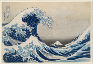 A print depicting a huge foaming wave swallowing several long boats