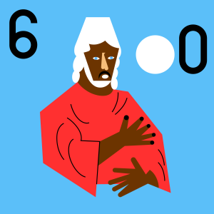 A crisp and angular digital drawing of a dark-skinned man with white hair and a red robe gesticulating excitedly with his hands. The number 600 hovers around his head against a pale blue background