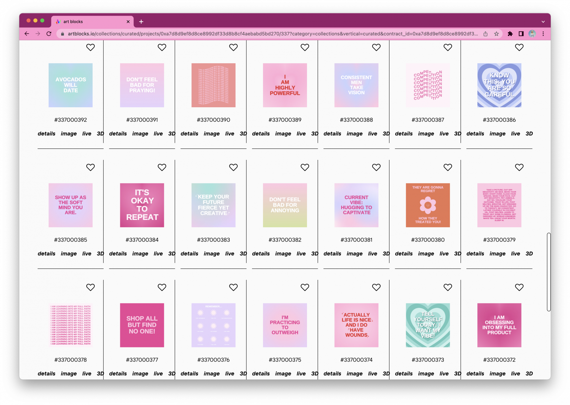 A gridded interface on a website features square images, mostly with pink backgrounds and white text, with numbers, links, and other metadata around each one