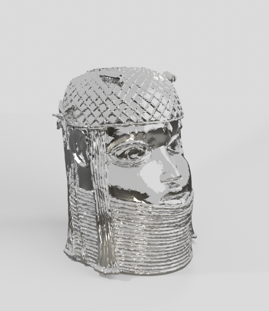 A digital rendering of a shiny silver Benin Bronze head sculpture against a gray background