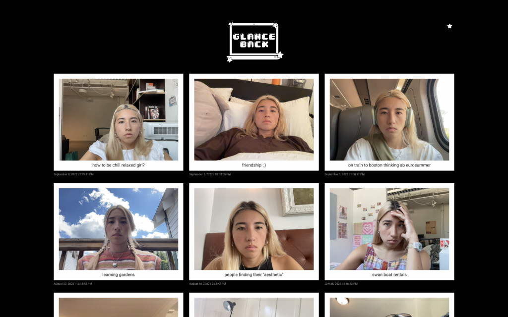 A grid of photographs of a young woman looking into her webcam in various settings, from bed to a plane