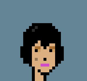 A pixelated image of a woman with close cropped dark hari and pink lipstick
