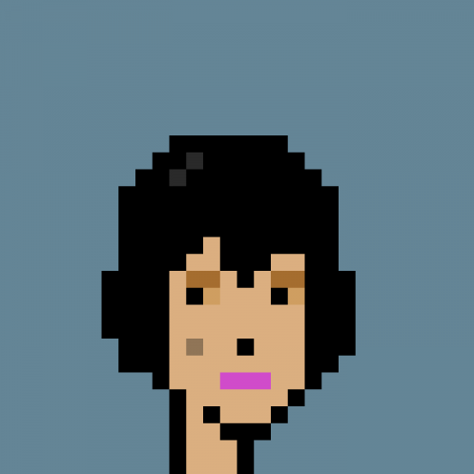 A pixelated image of a woman with close cropped dark hari and pink lipstick