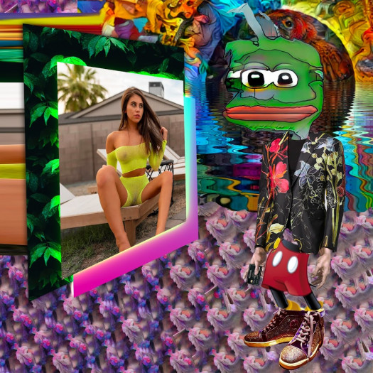 A digital collage of a cartoon frog with Mickey Mouse shorts sadly gazing at a pretty, scantily clad model on a screen