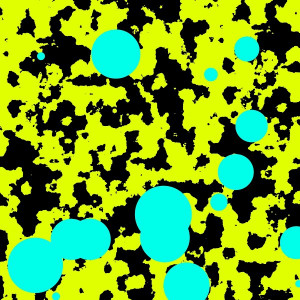 A digital image with a mottled field of yellow and black, overlaid with some cyan circles