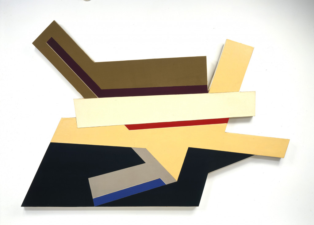 An abstract painting on a shaped canvas with squared arms of brown, yellow, and black