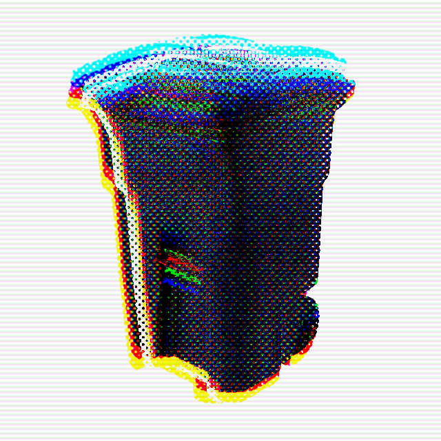 An image of a black garbage can, rasterized with red blue and yellow dots, animated to rotate slightly in a white void