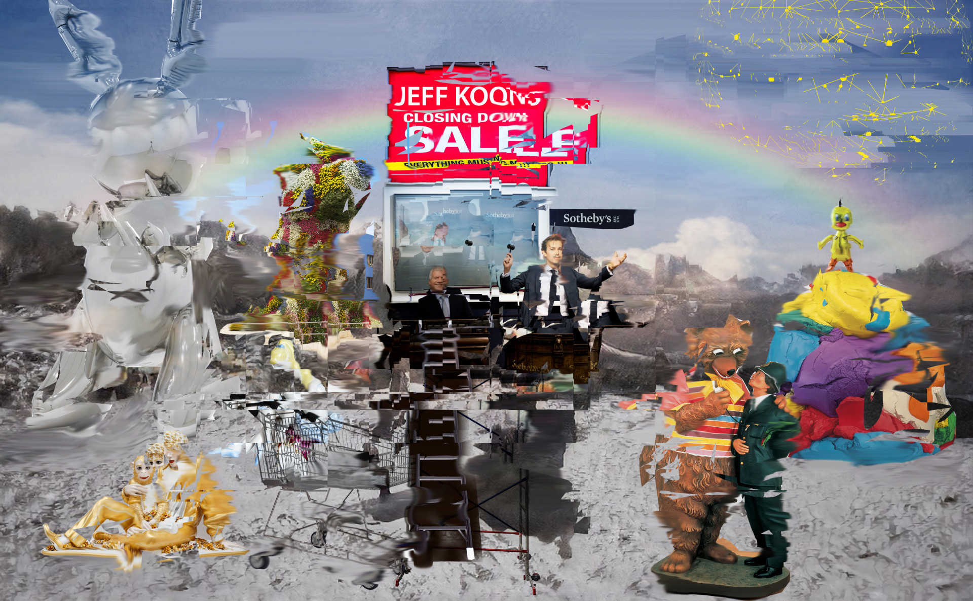 A collage depicting an imaginary fire sale of sculptures by Jeff Koons; the works are distorted, and placed on a gray wasteland with mountains and a rainbow in the background
