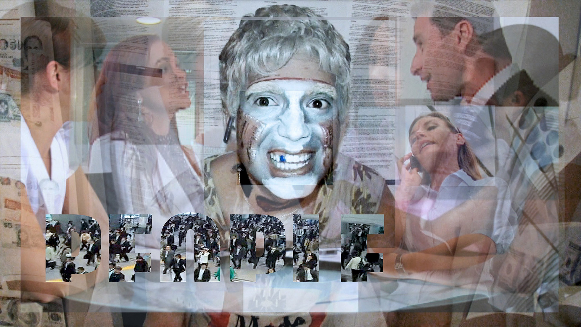 A digital image of a person wearing a gray wig and white face paint grimacing, collaged among stock photos of buisnesspeople in a meeting