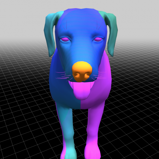 A 3D digital model of a brightly colored dog, facing the viewer with its tongue out, against a black and white background