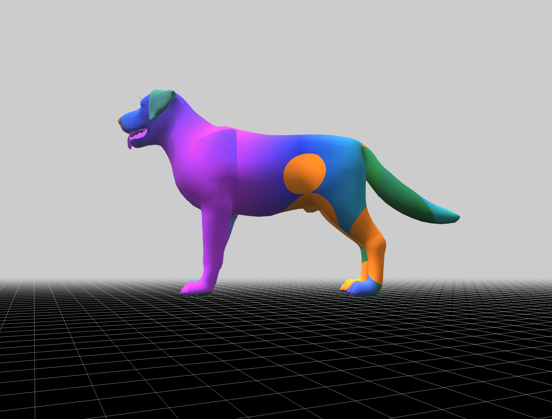 A 3D digital model of a dog with a brightly colored coat on a black and white grid