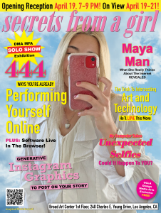 A poster designed like the cover of a magazine, with a photograph of a woman holding a phone in front of her face surrounded by teaser text