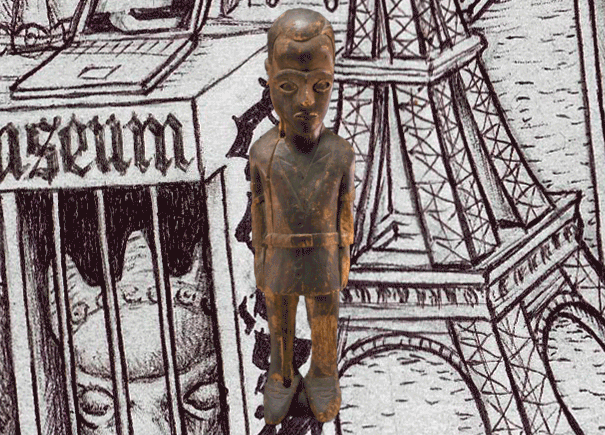 A digital image of a wooden sculpture against the backdrop of a fragment of a black-and-white drawing depicting the Eiffel tower and a sculpture in a cage