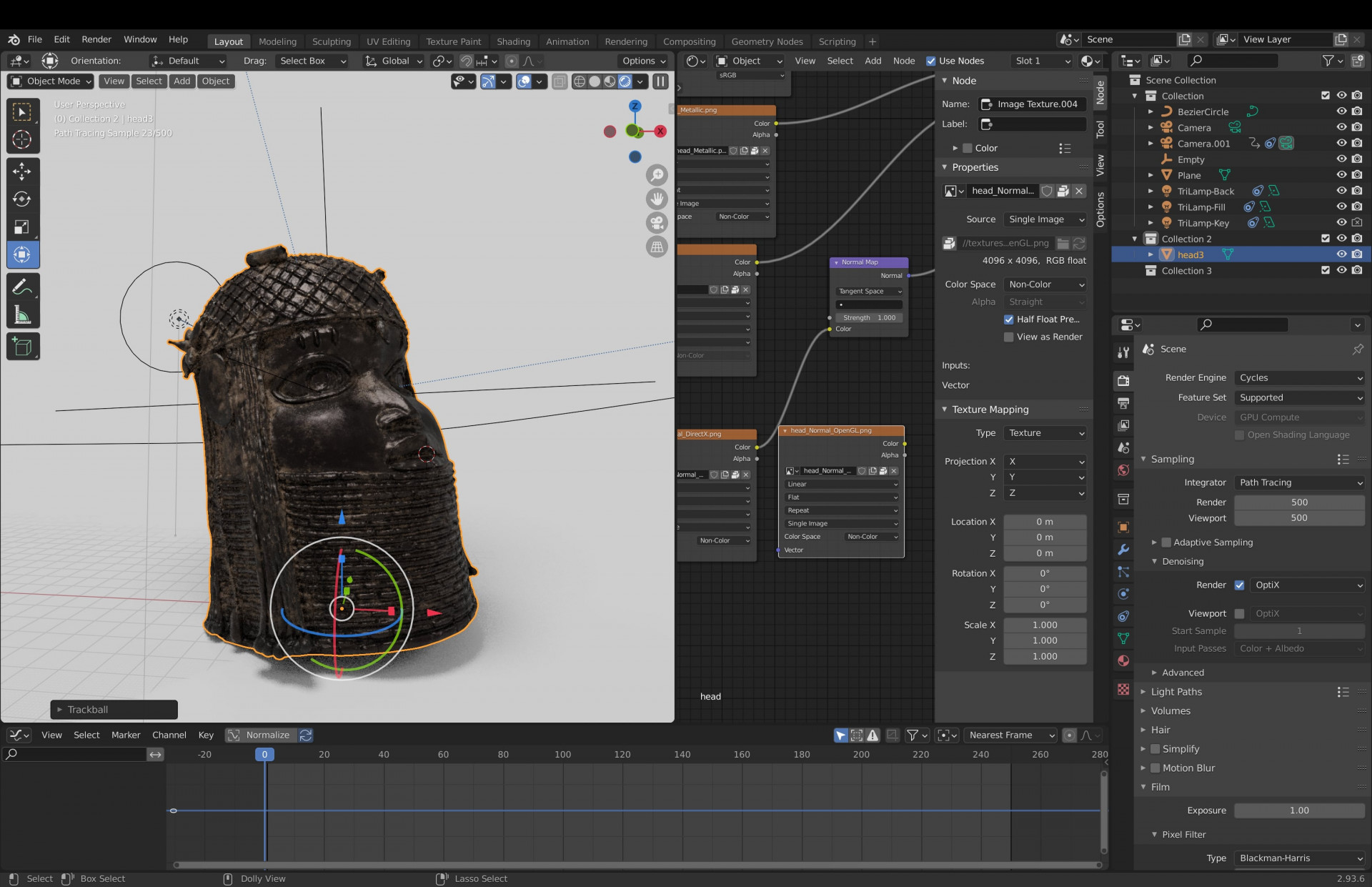 A screenshot showing a Benin Bronze head sculpture being animated using a 3D graphics software tool
