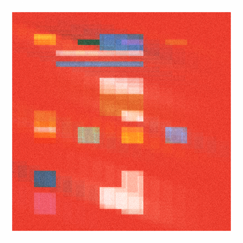 A digital abstraction of white, orange, and blue quadrilaterals on a field of red