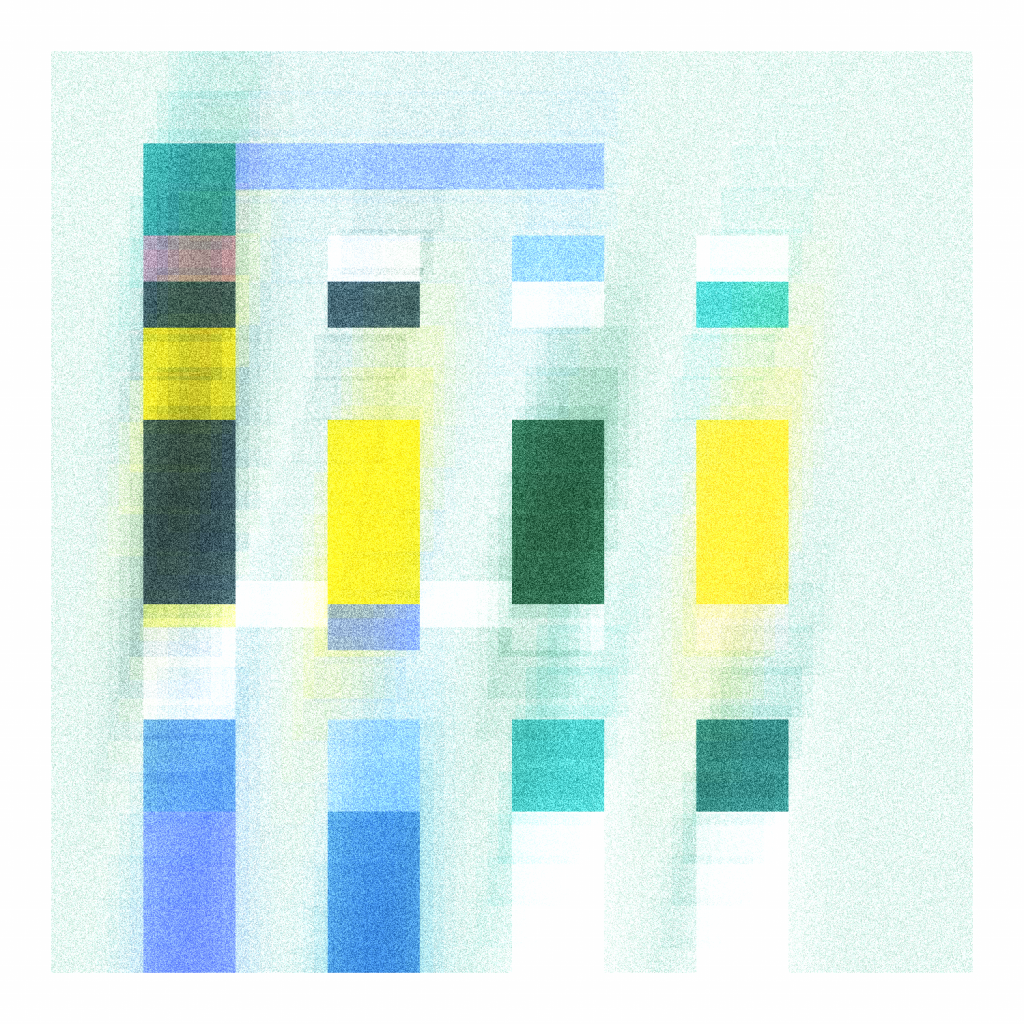 A digital abstraction of green, yellow, blue, and white rectangles on a pale green field