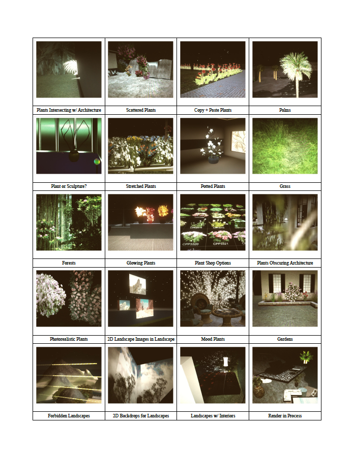 A grid of images of various plants in gardens, homes, offices, and on screens, with black texts and white borders