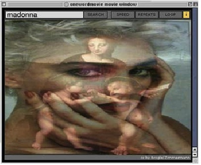 A digital image showing a simple interface and an image produced by software. The keyword entered is "madonna" and the window shows superimposed images of a religious painting of the virgin and the pop star Madonna