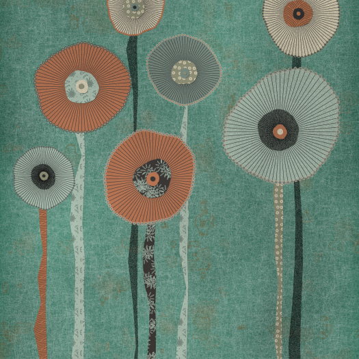 A digital composition of seven flowers with irregular round heads and long, gangly stems against a mottled green background