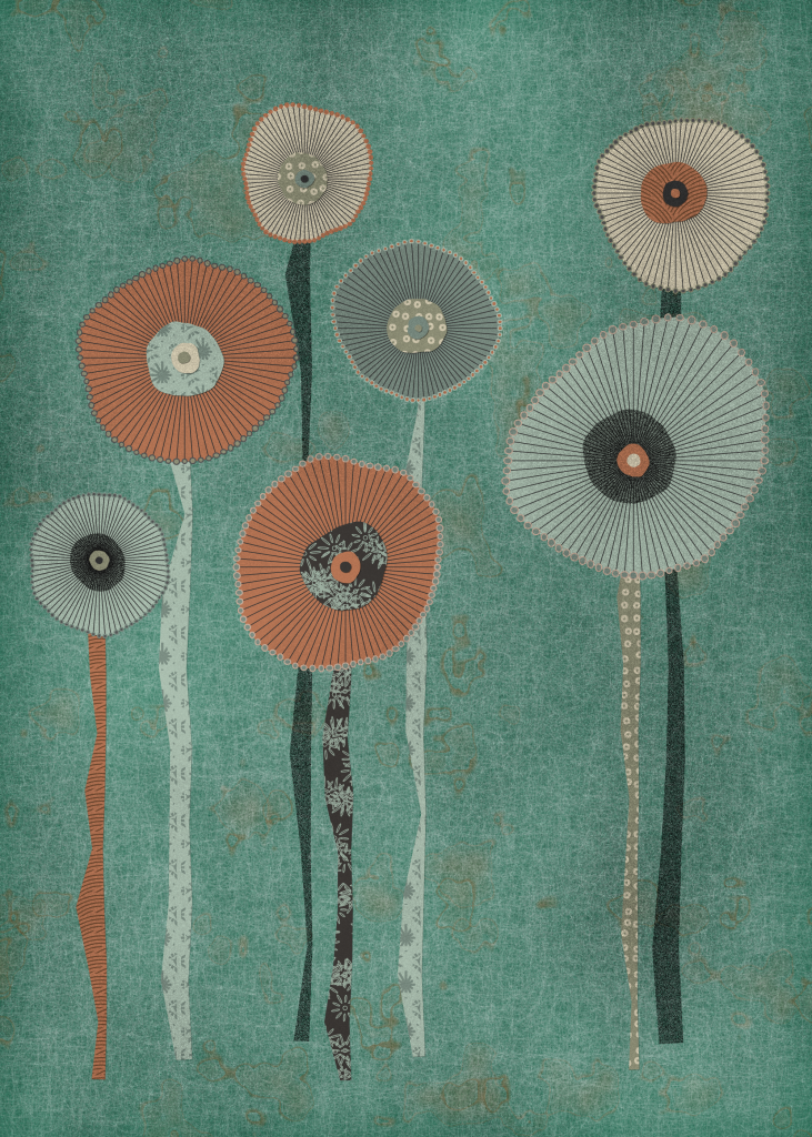 A digital composition of seven flowers with irregular round heads and long, gangly stems against a mottled green background