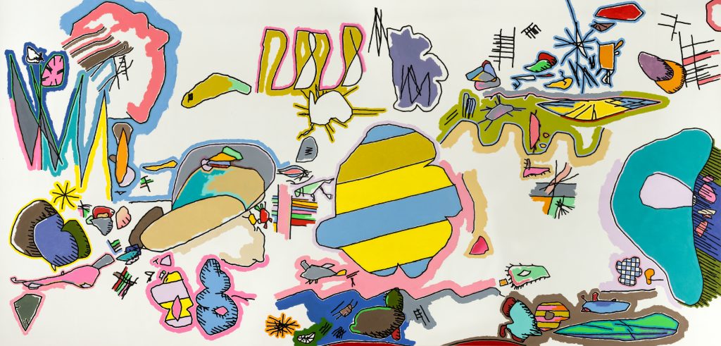 Cartoonish and brightly colored doodles on a white sheet of paper