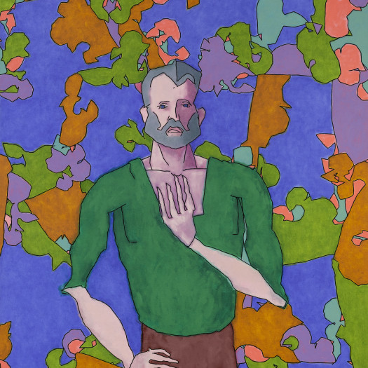 A sketchy portrait of a grey-haired and bearded man in a green shirt and tight brown pants, against a lurid purple-brown-green-pink-blue wallpaper backdrop