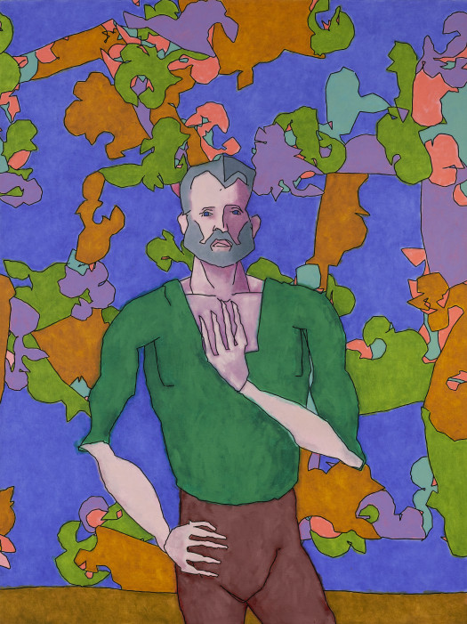 A sketchy portrait of a grey-haired and bearded man in a green shirt and tight brown pants, against a lurid purple-brown-green-pink-blue wallpaper backdrop