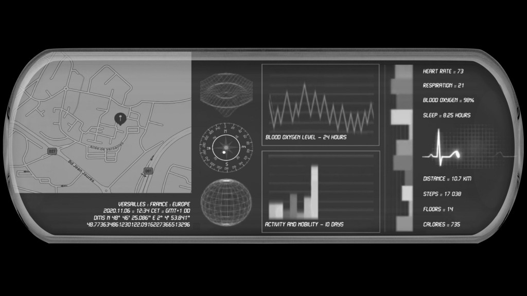 A grayscale digital image showing a map, various meauring instruments, and their readings in graphs on a capsule-shaped dashboard