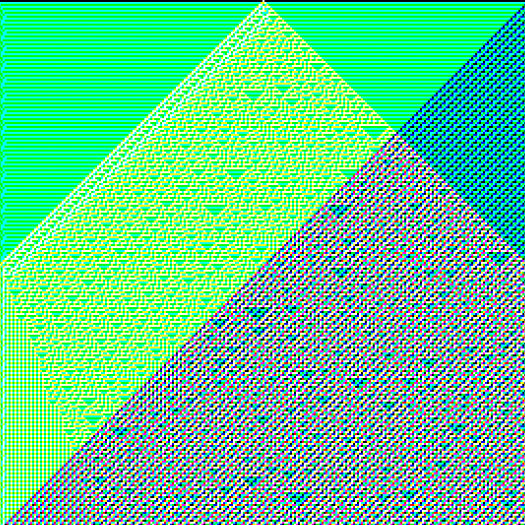 A square image of an abstract composition made of intersecting squares in lurid greens, reds, and blues
