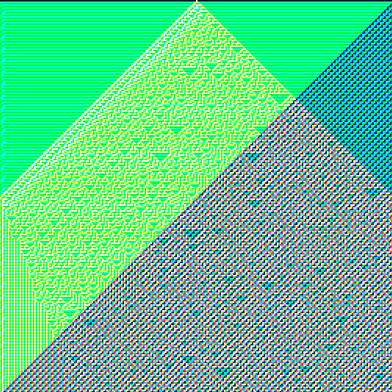 A square image of an abstract composition made of intersecting squares in lurid greens, reds, and blues